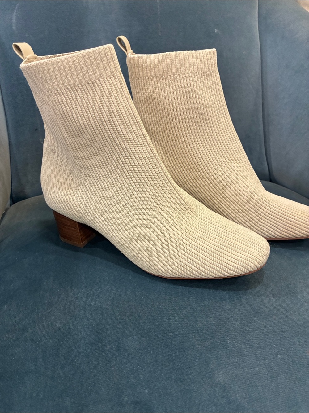 Joie Cream Knit Sock Ankle Booties with Block Heel